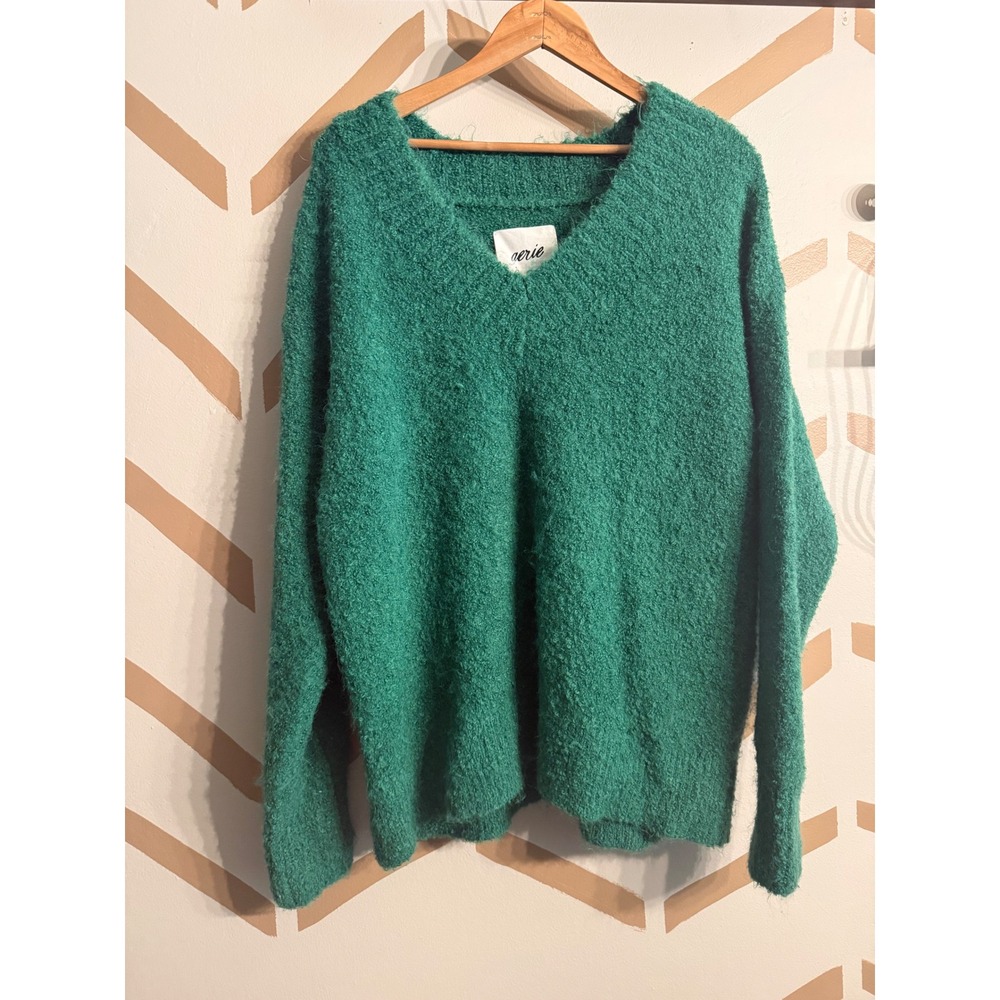 Aerie V-Neck Sweater Womens‎ Size Medium Green Boucle Oversized Knit Pullover